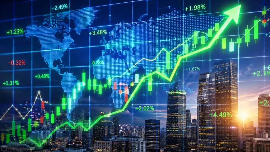 Global stock markets rising trend graph for August 2026 showing financial growth
