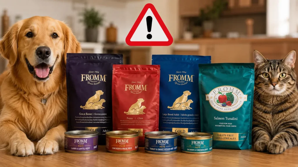 Fromm and Oma's Pride Recall 2026 warning sign with recalled dog food products