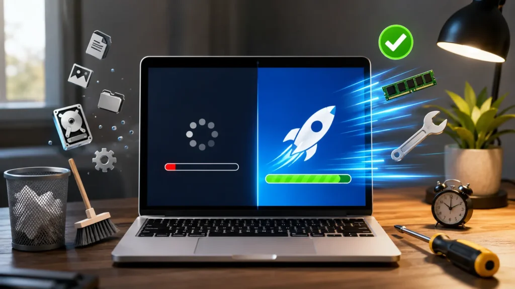 Illustration showing how to speed up a slow computer using quick hardware and software fixes