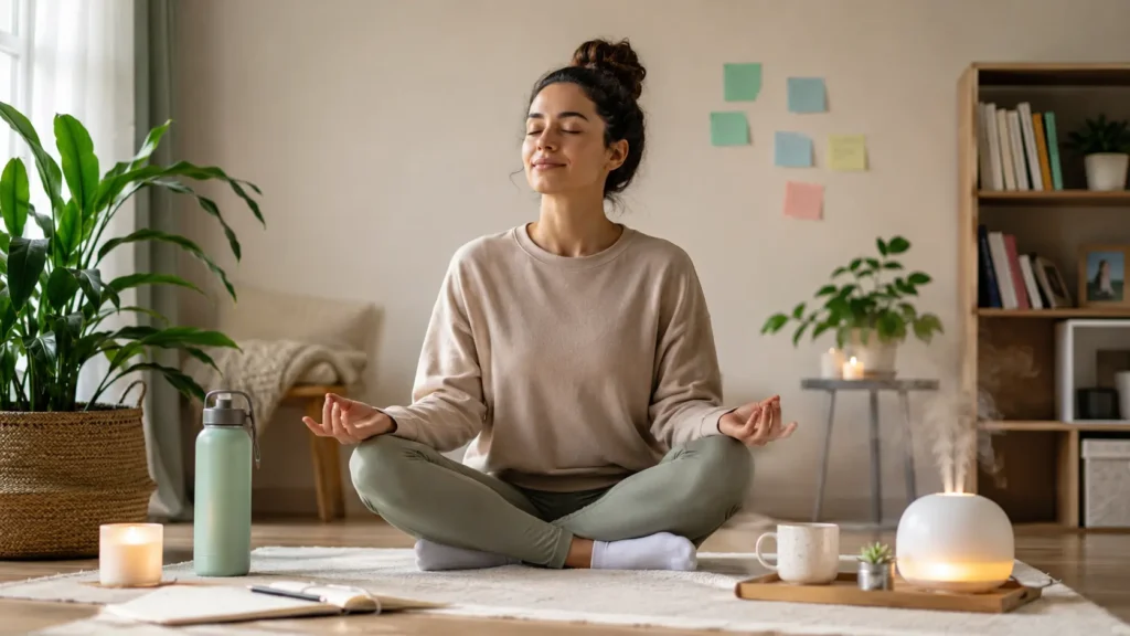 Woman practicing deep breathing at home to reduce everyday stress