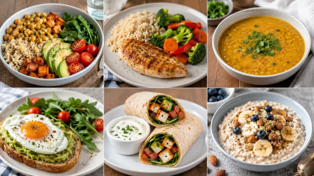 A selection of easy healthy meals to make at home served in bowls