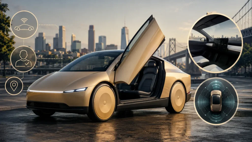 Tesla Cybercab autonomous robotaxi vehicle with butterfly doors open