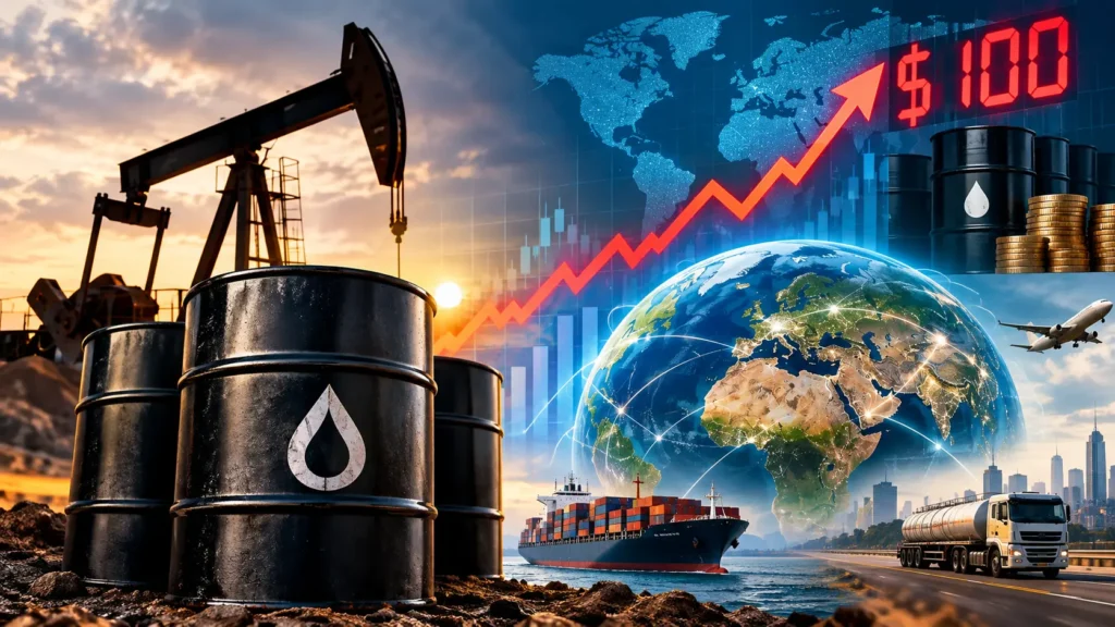 Oil derrick and global economic chart showing oil prices rising toward 100 dollars