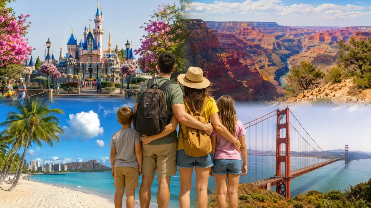 Illustration of a family on a vacation exploring the best family travel destinations in the USA