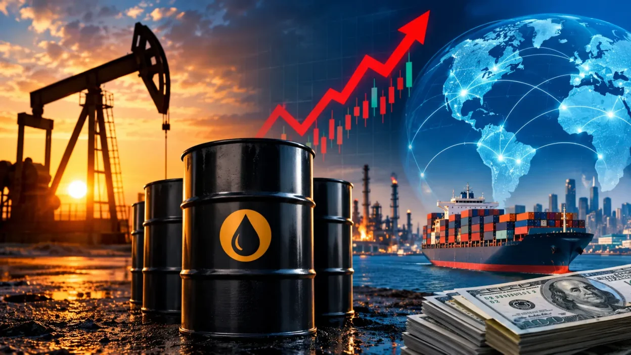 Illustration showing why are oil prices rising with oil rig and economic growth chart