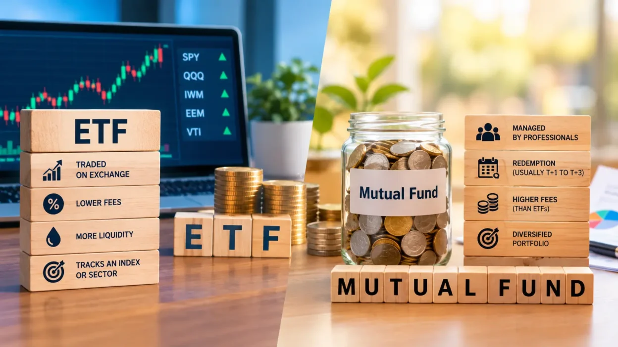 ETF vs Mutual Fund comparison showing financial growth and investment concepts