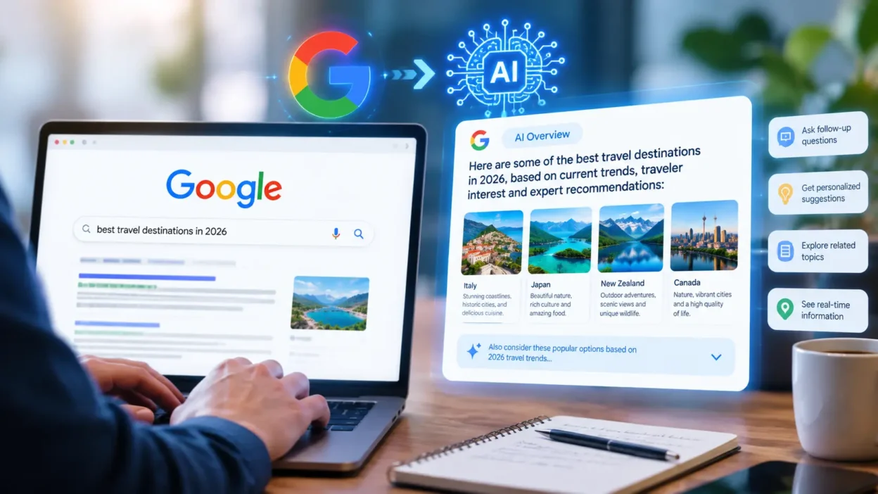 AI Search in 2026 showing Google AI Overviews and search interface