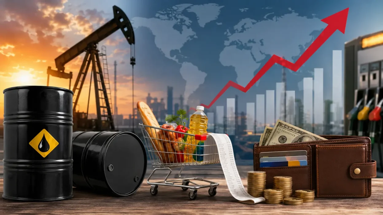 Oil pump jack with rising inflation chart showing higher oil prices in 2026
