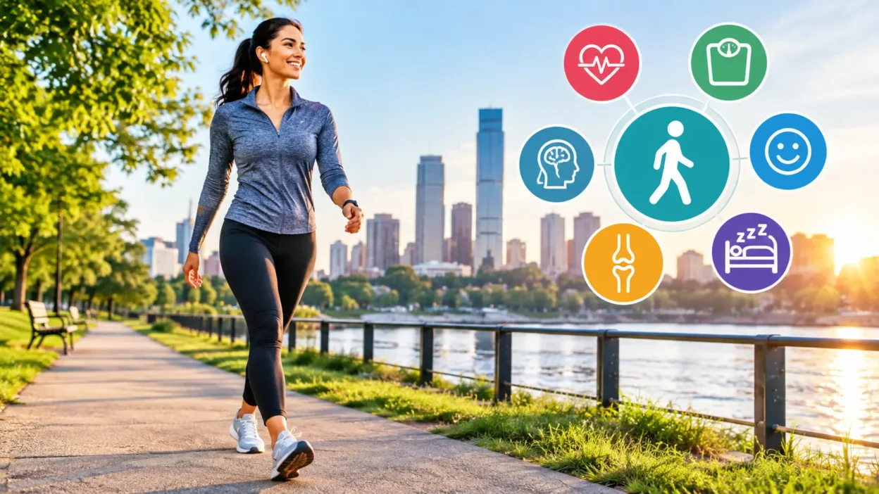 Woman walking outdoors practicing walking fitness trend 2026